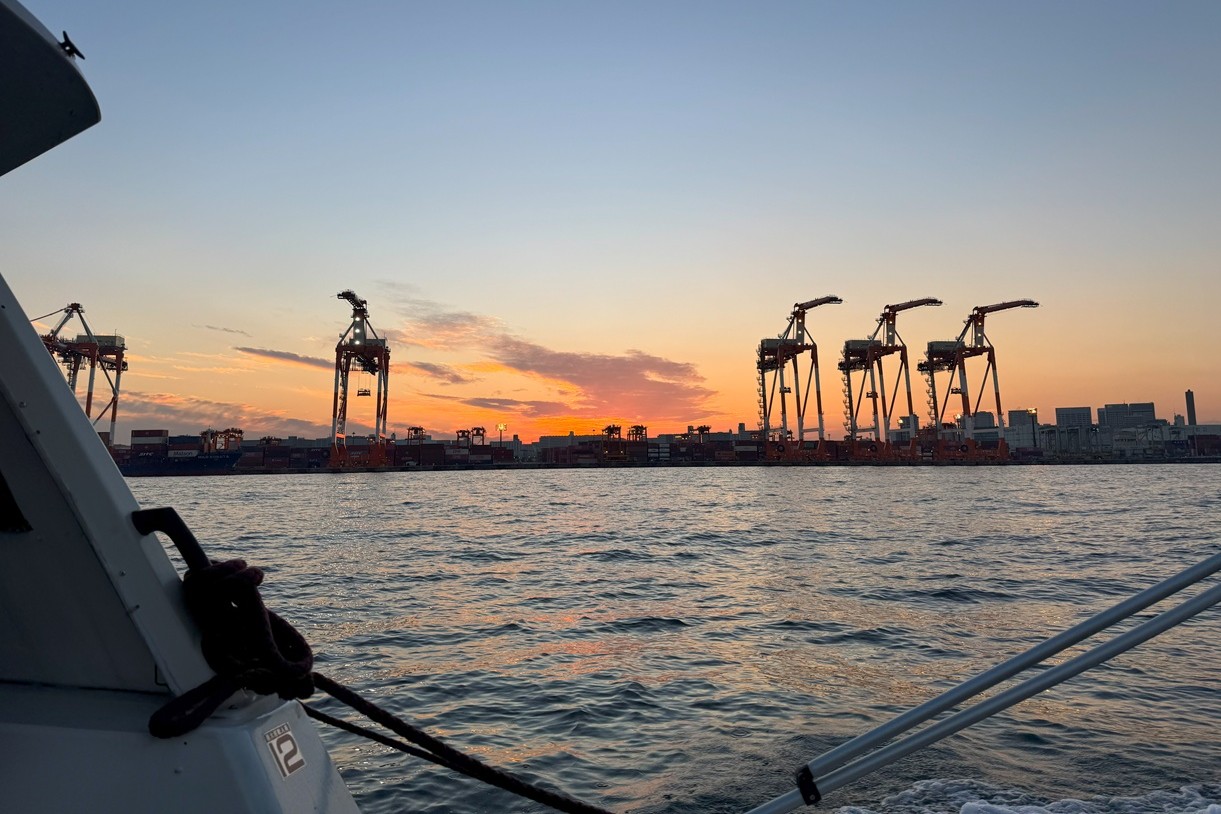 大井ふ頭のガントリークレーンを船から観る